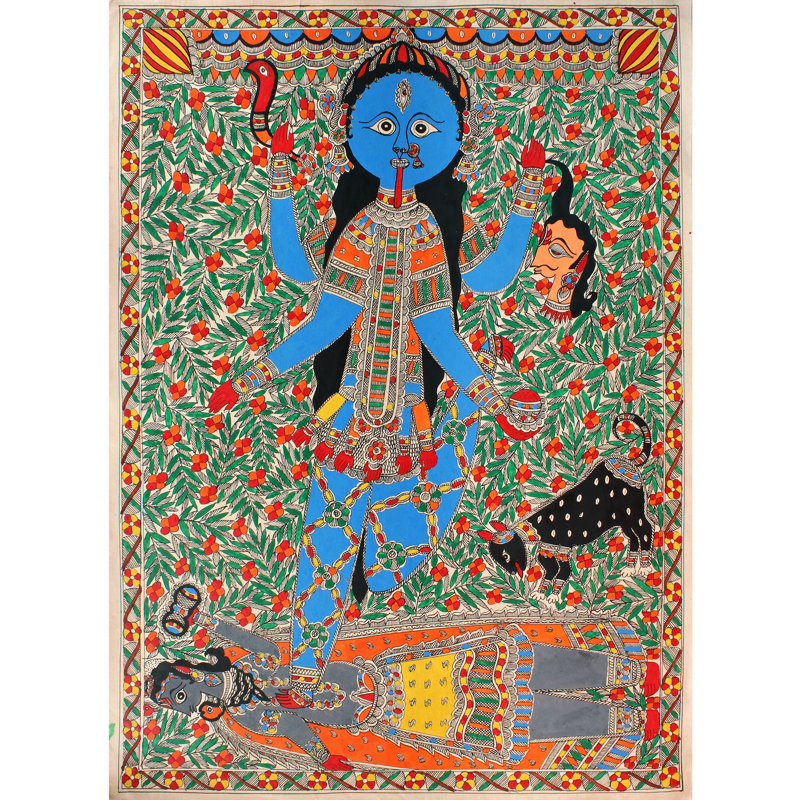 Kali furieux debout sur Shiva | Peinture Madhubani | Couleurs naturelles sur papier fait à la main