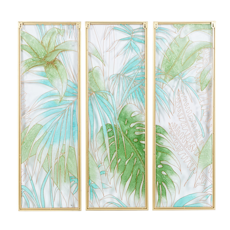 Green and Gold Tropical Leaf Tiffany Glass Framed Wall Decor Set