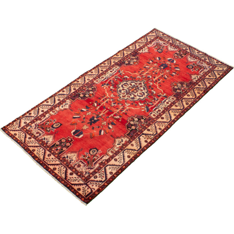Tapis décoratif en laine de conception unique noué à la main gris kula rouge/beige 4 pi 6 po x 9 pi 1990s