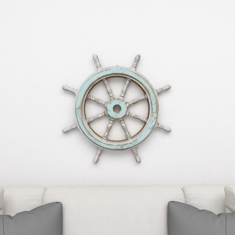 Mcgaughey Wood Distressed Ship Wheel Sail Boat Blue Wall Decor with White Accents