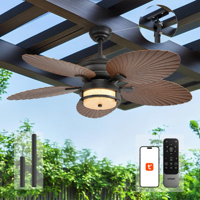 Ventilateur de plafond extérieur de 52 po avec lumières, ventilateur à feuilles de palmier tropical, lumière à intensité variable avec télécommande / application, montage encastré / encastré