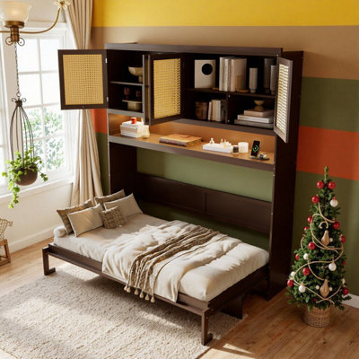 UnaAlano Murphy Bed With Storage Cabinet & Built-In Desk, Folding Wall Bed, Integrated USB Ports & LED Lighting