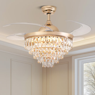 Retractable Crystal Ceiling Fan With Led Lights & Remote Control