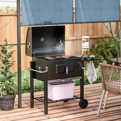 Charcoal Bbq Grill, Portable Outdoor Cooker For Camping & Backyard Enjoyment. 21.75"X16.5" Cooking Area, Side Table, Bottom Storage, Wheels, Handle, Black. Accurate Temperature Monitoring With