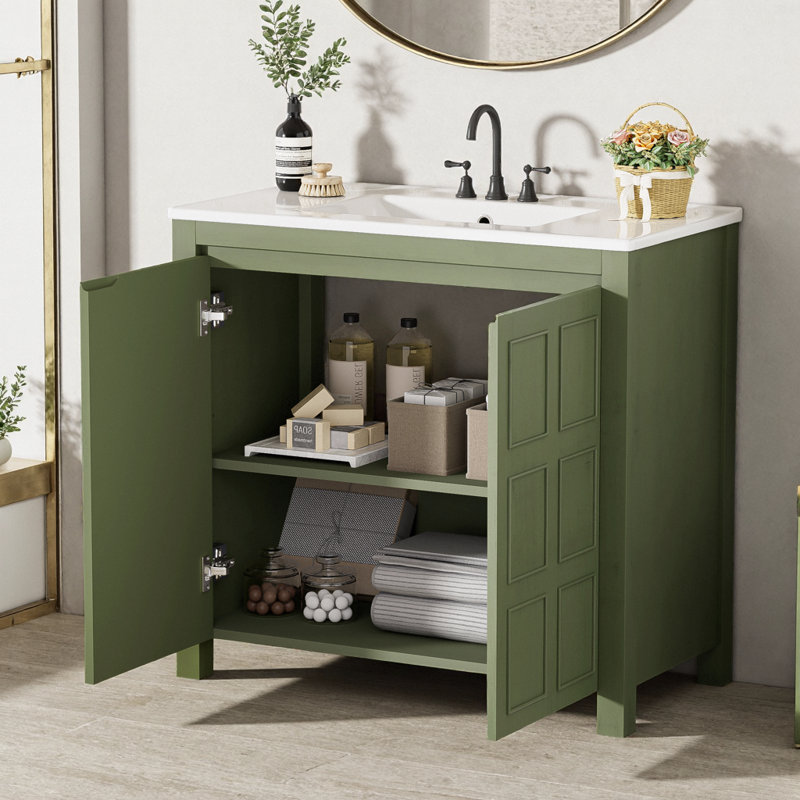 Meuble-lavabo de 36 po vert olive peint à la main avec lavabo en céramique, armoire en bois massif à finition vieillie, poignées dissimulées, portes à fermeture en douceur, style transitionnel, autoportant