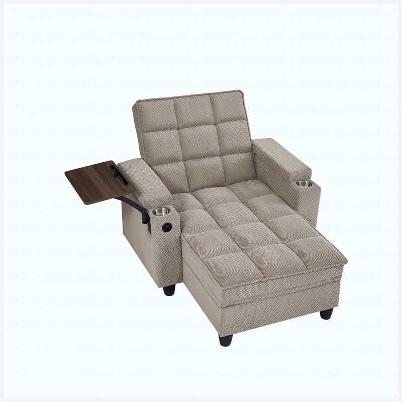 Khaki Chaise Lounge Sleeper Chair Bed with 6-Position Adjustable Backrest, USB Ports, Cup Holder & Swivel Side Table