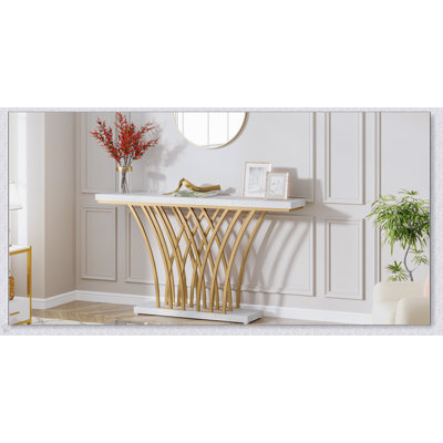 59 Inch Gold Console Table, Modern Faux Marble Entryway Table With Grid Metal Base, Narrow Accent Sofa Table For Living Room, Hallway, Foyer(No Mirror Included)