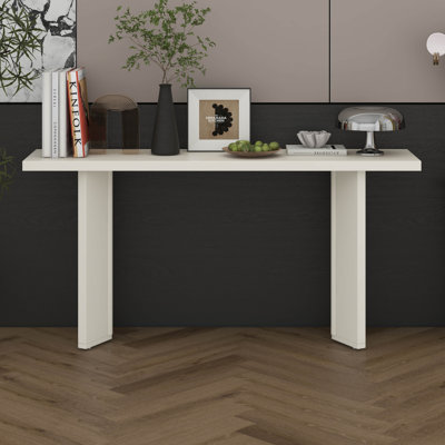 Élégante console avec plateau en placage de pin et pieds géométriques, table d'entrée en bois aggloméré moderne pour le salon, le bureau et la salle à manger