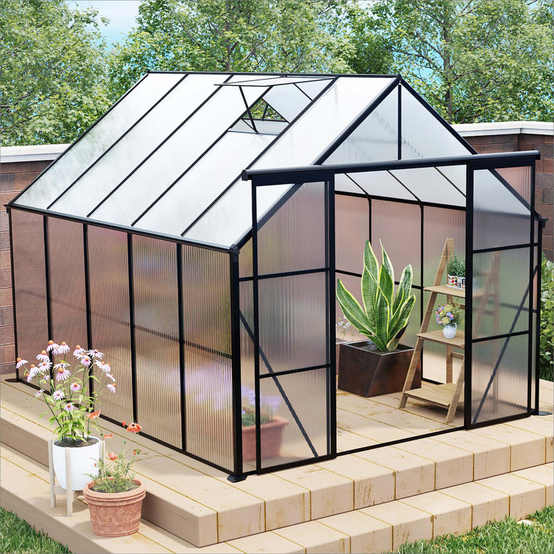 8X10ft Double Door Polycarbonate Greenhouse Raised Base And Anchor Aluminum Heavy Duty Walk-In Greenhouses, Black