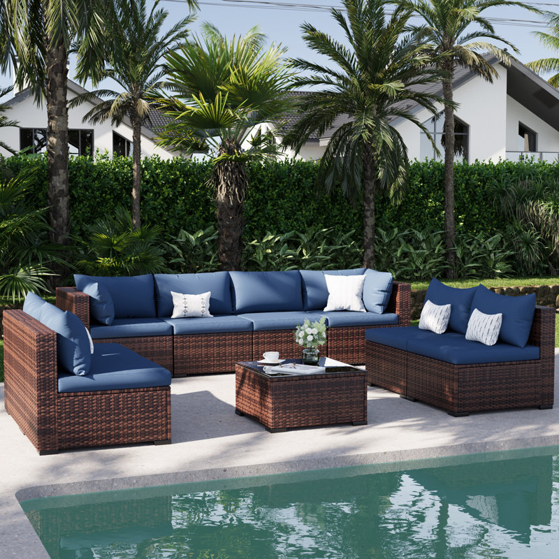 9 Piece Modular Brown PE Rattan Outdoor Conversation Sets, Large Patio Furniture Set with Anti-Rust Steel Frame, Sectional Outdoor Patio Sofa with Coffee Table for Backyard Deck Garden