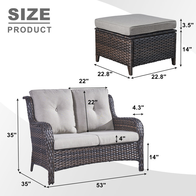 Causeuse d'extérieur de 52,7 po de largeur avec 2 repose-pieds et coussins Bonia, gris, Brun