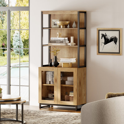 Modern Tall Bookcases With Glass Doors And Adjustable Shelves, Library Book Shelf With Storage Cabinet And Open Book Shelfs, Wood Bookshelves For Home by Charlton Home