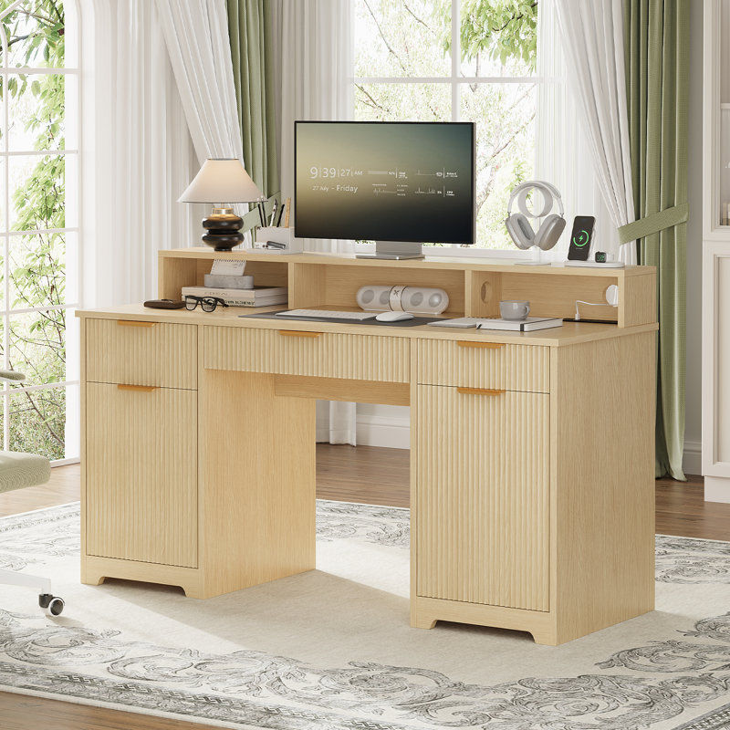 59" Home Office Desk with Charging Station, Fluted Computer Desk With Keyboard Tray & Adjustable Shelves, Executive Desk For Study, Living Room, Bedroom
