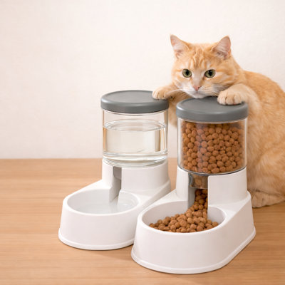Automatic pet feeder and water dispenser set, gravity food and water station for small to medium cats and dogs, non-electric, 1 gallon each