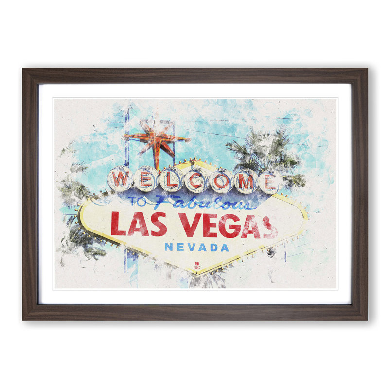 The Welcome to Las Vegas Sign - Picture Frame Painting Print on MDF, Walnut Framed, 33cm H x 45cm W x 2cm D