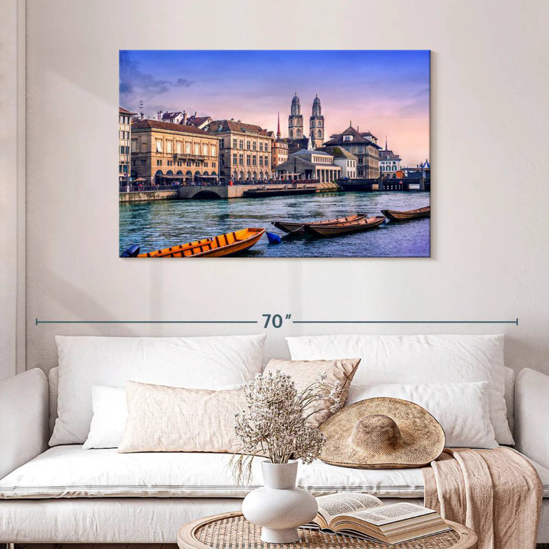 Sirci Zurich le long de la rivière Limmat, H 30 po x l 45 po