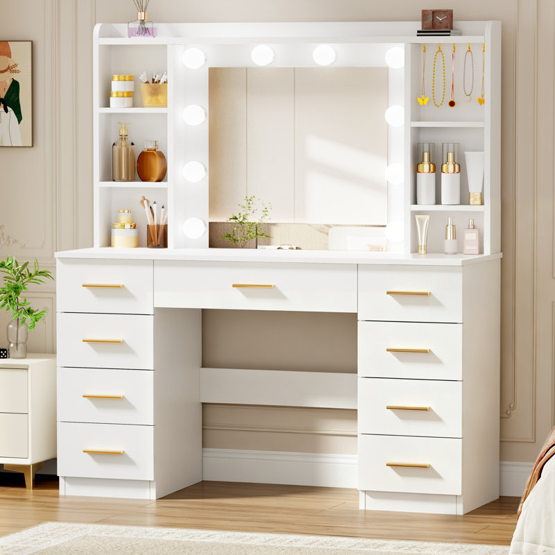 Elowen 105cm Dressing Table with Lights, 9 Drawers and Jewelry Hooks