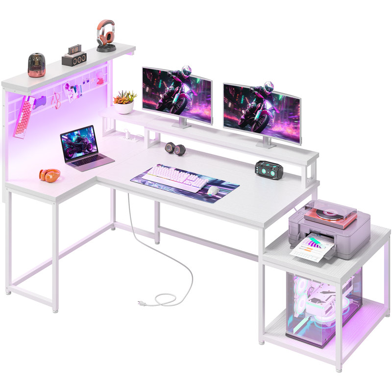 L Shaped Reversible Computer Desk With Power Outlet & Long Monitor Stand & Led Lights & Storage Shelves, White