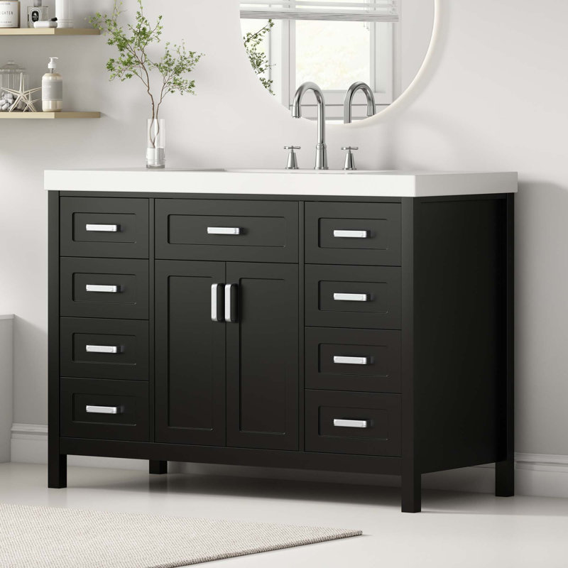 Meuble-lavabo classique 48 po avec lavabo, 2 portes et 8 tiroirs, système de fermeture en douceur, Noir