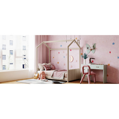 Lit simple pour enfant avec toit, structure en pin recouverte de velours, beige, lit de chambre de style maisonnette