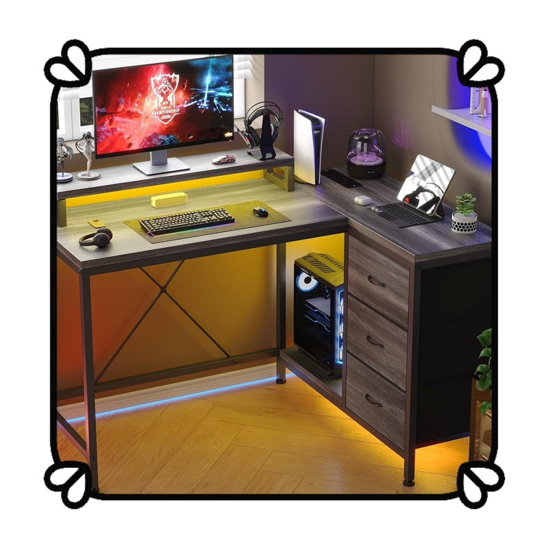Ergonomic L-Shaped Computer Desk with 4 Power Outlets, 2 USB Ports, 7-LED Lights, Removable Stand, Drawers & Bookshelf