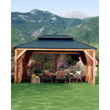 Pavillon de jardin en bois toutes saisons 12 pi x 16 pi avec double toit en métal, structure robuste, filet et rideaux pour patio, terrasse, cour, jardin et jardin