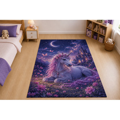 Tapis « Ultra Fin » 152 x 213 cm (5 pi x 7 pi) à motif licorne et croissant de lune, idéal pour le salon, la chambre à coucher et le bureau. Moquette douce à poils courts avec envers antidérapant en silicone, violet et bleu.