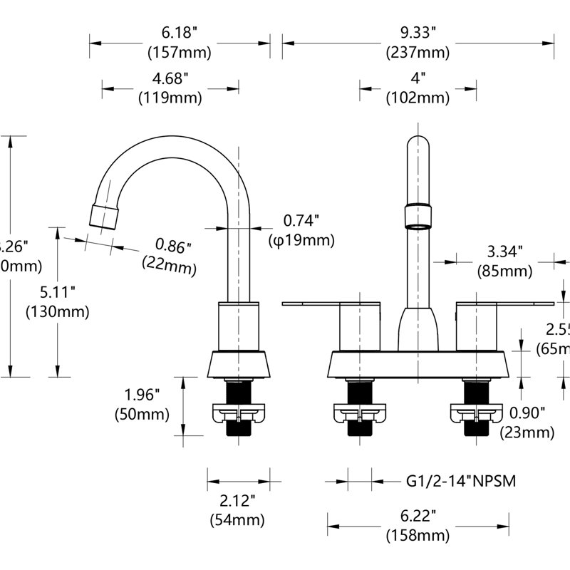 Robinet de lavabo de salle de bain moderne en nickel brossé - 2 poignées en acier inoxydable d'une profondeur de 10,58 po et d'une largeur de 9,37 po.