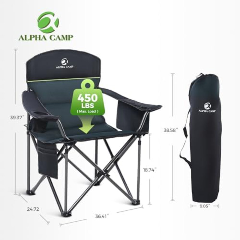 Chaises de camping surdimensionnées entièrement rembourrées avec support lombaire | Armoire en acier robuste de 500 lb, robuste, durable, sac isotherme, tissu Oxford 600D, porte-gobelet, sac de transport, poche, facile à installer