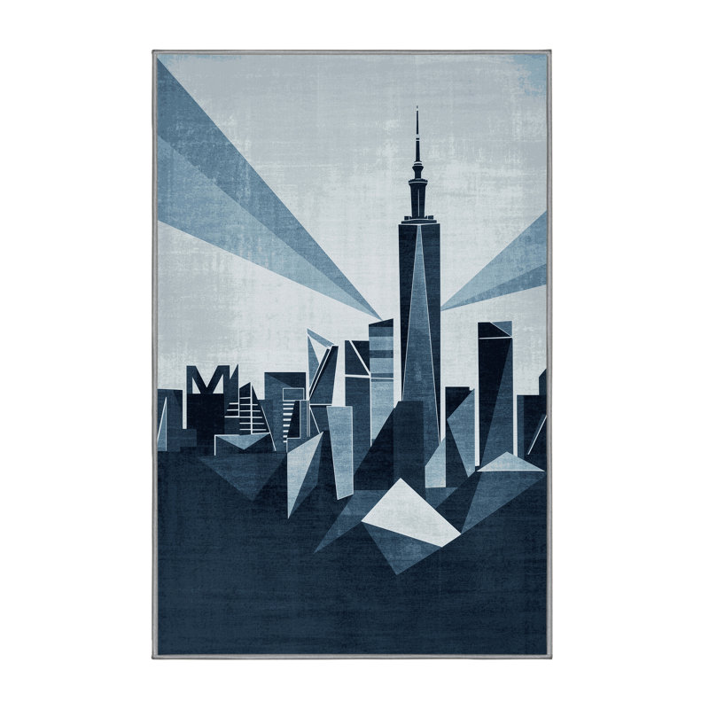 Machine Washable Paublo Shanghai Skyline Modern & Contemporary Geometric Rug in Gray – Gray Binding, 2x5