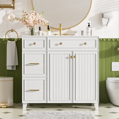 Meuble-lavabo de 36 po avec lavabo en céramique, tiroirs standard et double couche, portes à fermeture en douceur, tablettes réglables, armoire de rangement moderne pour petites et moyennes salles de bain