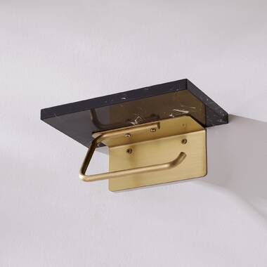 Wall Mount Toilet Roll Holder With Marble Shelf Black/ Gold