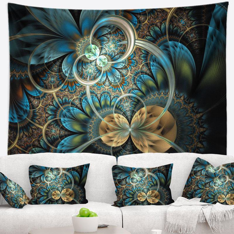 Tapisserie abstraite symétrique de fleur de fractale d'or bleu, H 32 po x l 39 po