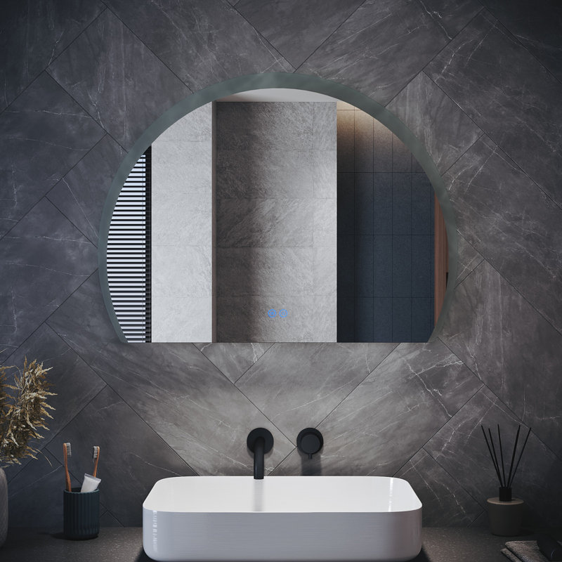 Half Circle LED Bathroom Mirror, Anti-Fog 3 Color Dimmable Touch Wall Vanity Mirror, 80*60cm,Semicircular Bathroom Mirror