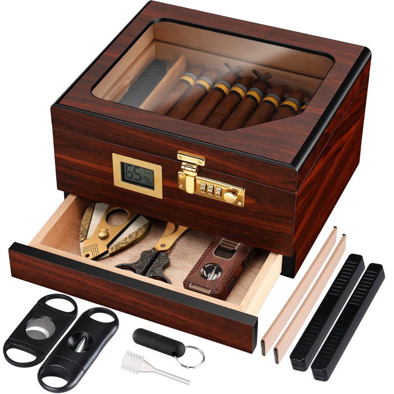 Boîte à cigares, étui de voyage avec doublure en bois de cèdre, serrure, coupe en V, coupe droite, perforateur, humidificateur, hygromètre, tiroir de rangement pour accessoires, cloison