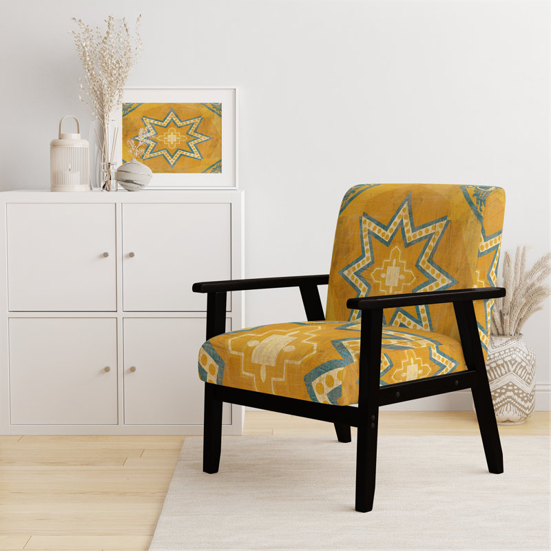 Gundry - Moroccan Orange Tiles Collage I - Upholstered Bohemian Chic Velvet Accent Arm Chair, Yellow/Blue, Black
