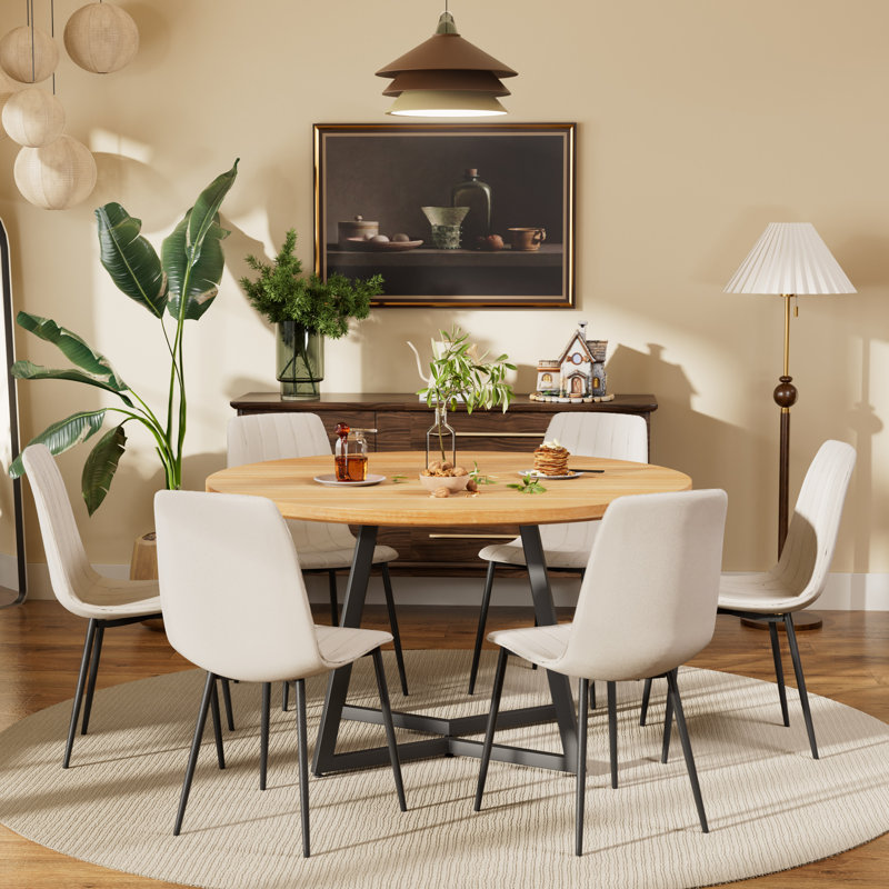 Ensemble de table de salle à manger ronde avec chaises en tissu d'ameublement en velours, 7, Naturel, Beige
