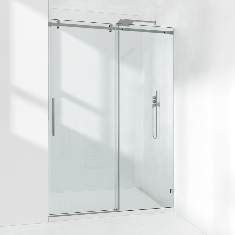 Porte de douche coulissante simple sans cadre l 72 à 77 po x H 76 po avec verre trempé transparent de 3/8 po (10 mm), film incassable et localisateur de trous d'installation - Rail supérieur carré