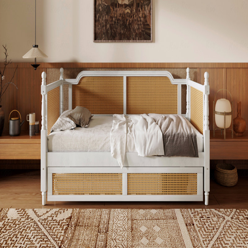 Traditional Style Rattan Daybed With 2 Drawers For Limited Space, Guest Room, No Box Spring Needed, Twin, Antique White