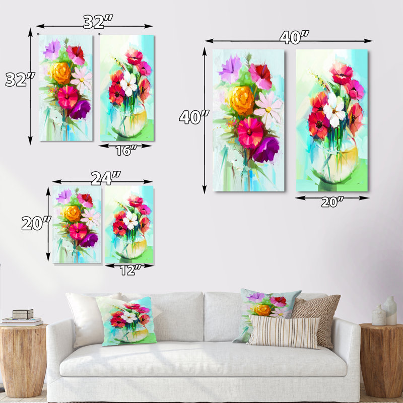 Delicate Pastel Colorful Gerbera Flowers - Ensemble de 2 peintures sur toiles, Toile tendue, H 20 po x l 24 po x P 1 po