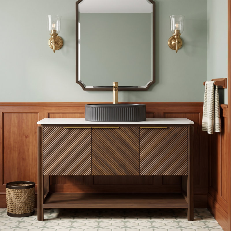 Meuble-lavabo autoportant en noyer foncé 48 po, plateau en pierre frittée et lavabo ovale en céramique rayé noir, 2 portes diagonales rayées avec tablette de rangement ouverte