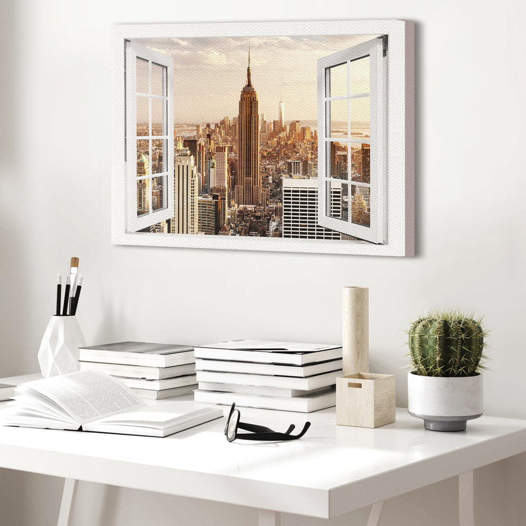 Leinwandbild Manhattan Empire State Building Fenster 100X75cm – Premium Leinwanddruck – Kunstdruck Auf 2Cm Holz-Keilrahm...