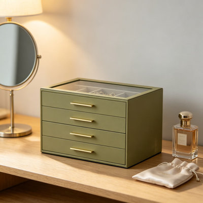 Organisateur de boîte à bijoux vert olive pour femme, étui à bijoux à 4 couches avec fenêtre en verre, rangement doublé de velours pour bagues colliers bracelets montres