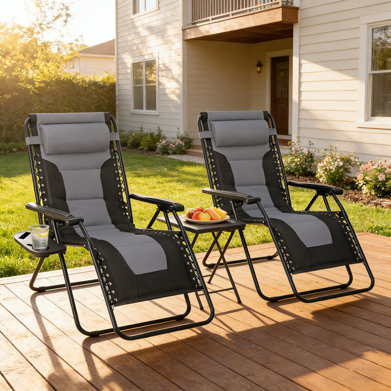 Padded Zero Gravity Chair Set Of 2 With Cup Holder, Portable Folding Patio Chair For Camping/Beach, Outdoor Reclining Lounge Chair