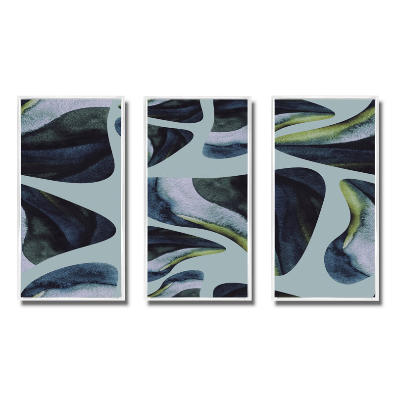 Decorative Elements on Blue - 3 pièces, reproduction sur toile flottante, H 32 po x l 48 po x P 1 po, Blanc