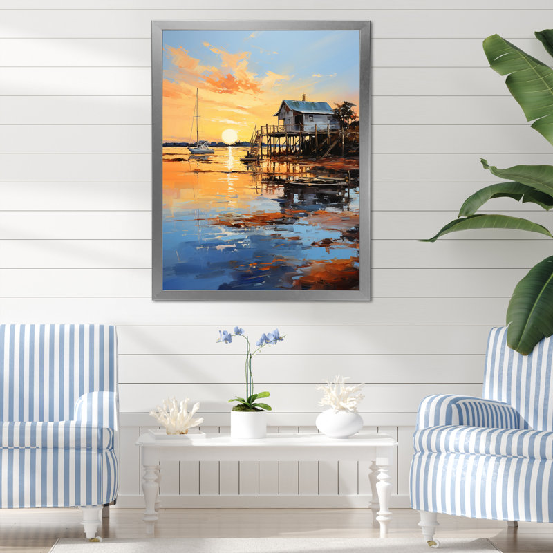" Pier And Dock Pier II ", 20" H x 12" W x 1" D, Silver Picture Framed