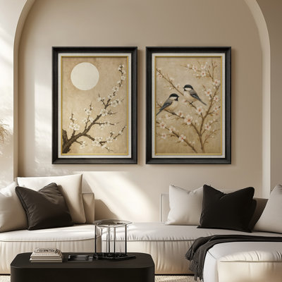 Scène de la nature rétro avec oiseaux et fleurs - ensemble de 2 reproductions d'art encadrées de qualité supérieure sur papier 26 po x 36 po