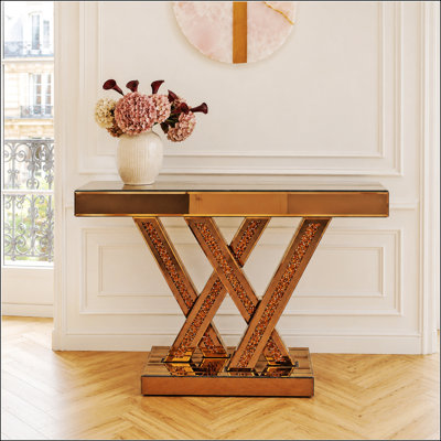 Console d'entrée moderne avec incrustations de diamants broyés, en verre miroir brun, idéale pour l'entrée ou le salon. Table d'appoint décorative et glamour pour le salon.