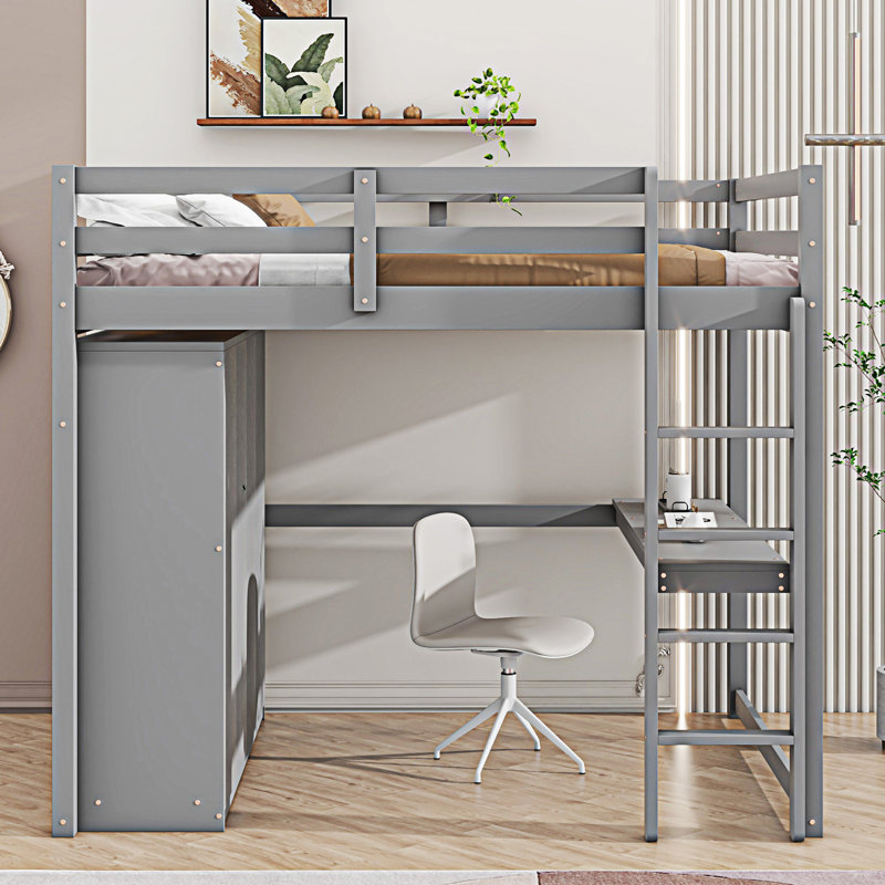Lit mezzanine en bois avec garde-robe intégré, Gris