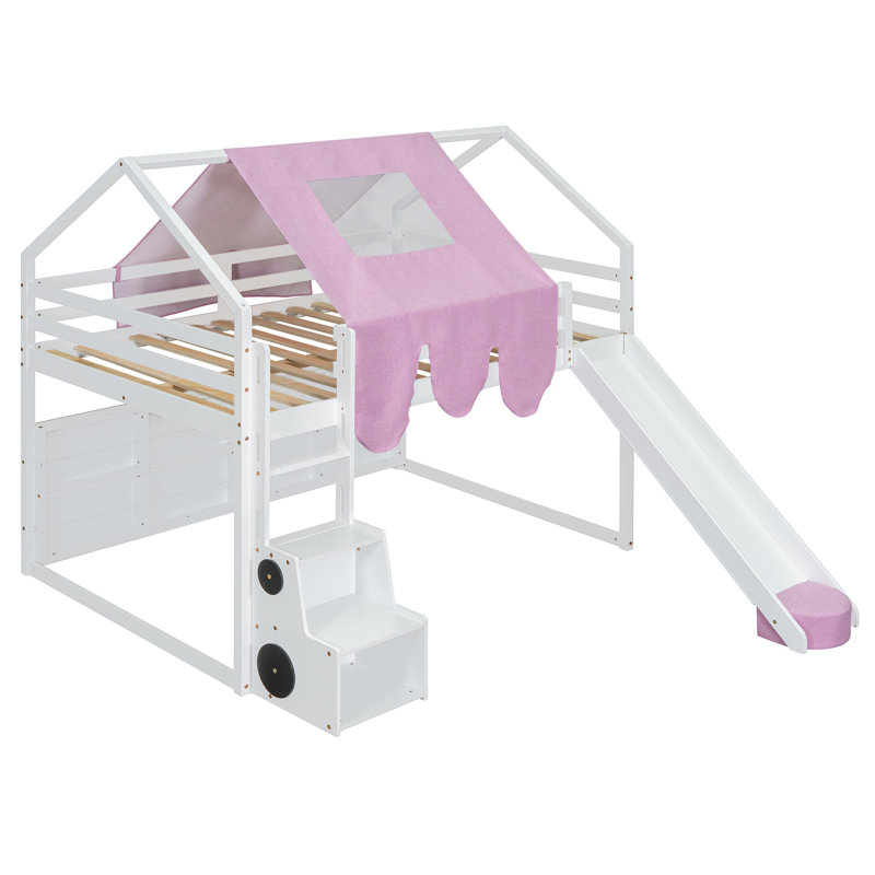 Lit mezzanine en bois avec structure en forme de maison et tente, Lit double, Rose